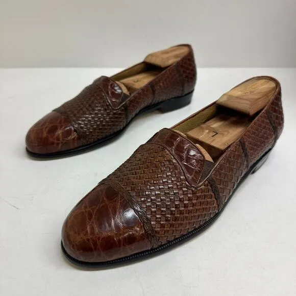 EXCELLENT Mezlan Genuine Crocodile Handmade Woven Venetian Leather Loafers 9.5