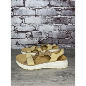 Fantasy Sandals Tan Nubuck Fabric Cross Strap Wedge Flex Sole Women’s 39EU/8.5US