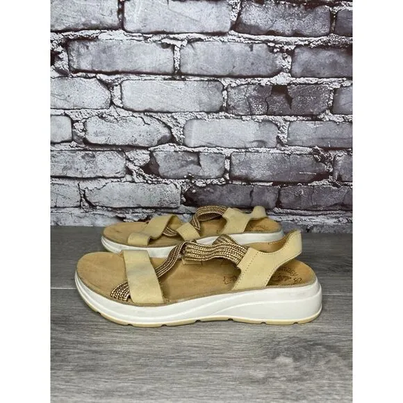 Fantasy Sandals Tan Nubuck Fabric Cross Strap Wedge Flex Sole Women’s 39EU/8.5US