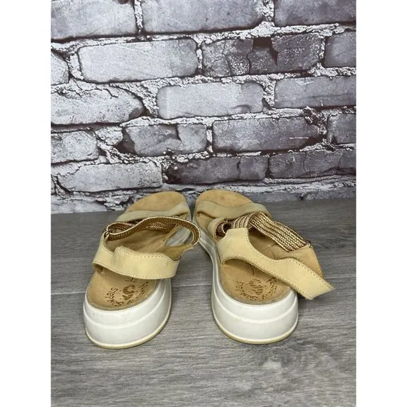 Fantasy Sandals Tan Nubuck Fabric Cross Strap Wedge Flex Sole Women’s 39EU/8.5US