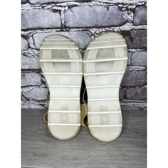 Fantasy Sandals Tan Nubuck Fabric Cross Strap Wedge Flex Sole Women’s 39EU/8.5US
