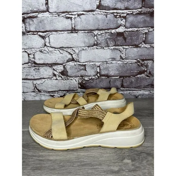 Fantasy Sandals Tan Nubuck Fabric Cross Strap Wedge Flex Sole Women’s 39EU/8.5US