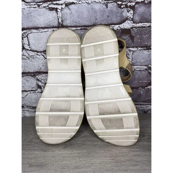 Fantasy Sandals Tan Nubuck Fabric Cross Strap Wedge Flex Sole Women’s 39EU/8.5US