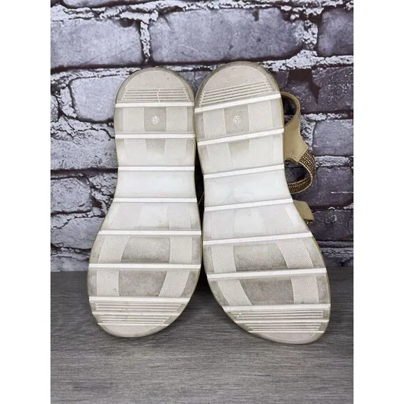 Fantasy Sandals Tan Nubuck Fabric Cross Strap Wedge Flex Sole Women’s 39EU/8.5US