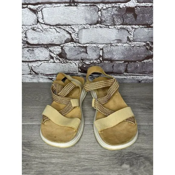 Fantasy Sandals Tan Nubuck Fabric Cross Strap Wedge Flex Sole Women’s 39EU/8.5US