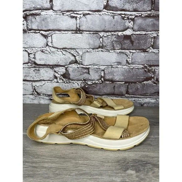 Fantasy Sandals Tan Nubuck Fabric Cross Strap Wedge Flex Sole Women’s 39EU/8.5US