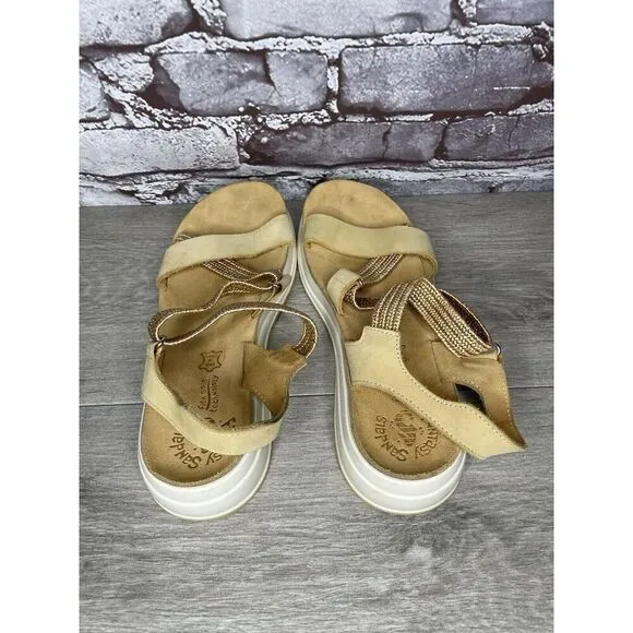 Fantasy Sandals Tan Nubuck Fabric Cross Strap Wedge Flex Sole Women’s 39EU/8.5US