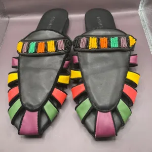 Farm Rio Beaded Slide Sandals Colorful Straps Slip On Flats