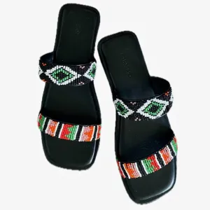 Farm Rio Black Multi-Color Bead Straps Square Toe Flat Sandals Slip-On Sz 8 NEW