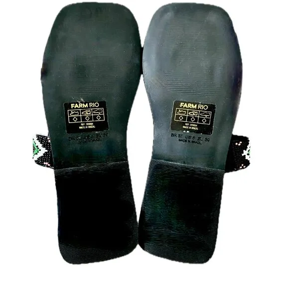 Farm Rio Black Multi-Color Bead Straps Square Toe Flat Sandals Slip-On Sz 8 NEW