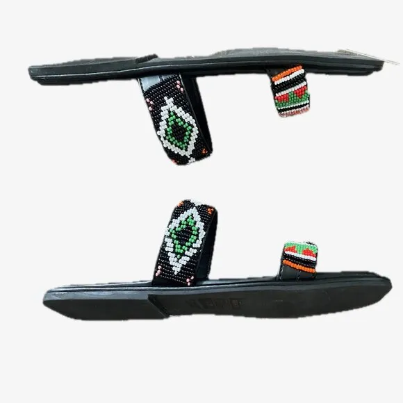 Farm Rio Black Multi-Color Bead Straps Square Toe Flat Sandals Slip-On Sz 8 NEW