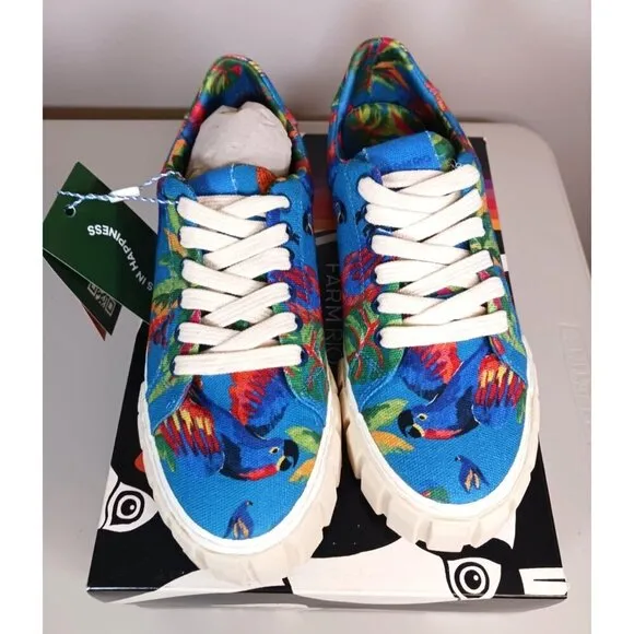 Farm Rio Blue Macaw Tropical Platform Lace Up Sneakers Size 8 NITB
