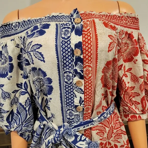 Farm Rio Mixed Pineapple Garden off the shoulder mini Dress.