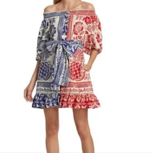 Farm Rio Mixed Pineapple Garden off the shoulder mini Dress.