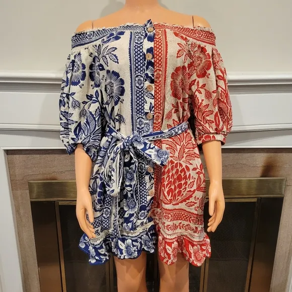 Farm Rio Mixed Pineapple Garden off the shoulder mini Dress.