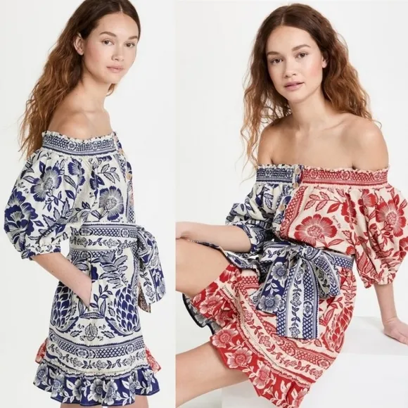 Farm Rio Mixed Pineapple Garden off the shoulder mini Dress.