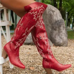Fashionable Square Toe Chunky Heel Western Style Embroidered Boots
