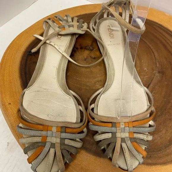 FENDI Leather Multi Color Neutral Multi Strap Ankle Strap Sandals
