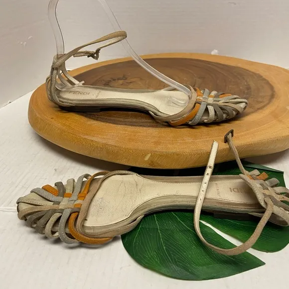 FENDI Leather Multi Color Neutral Multi Strap Ankle Strap Sandals