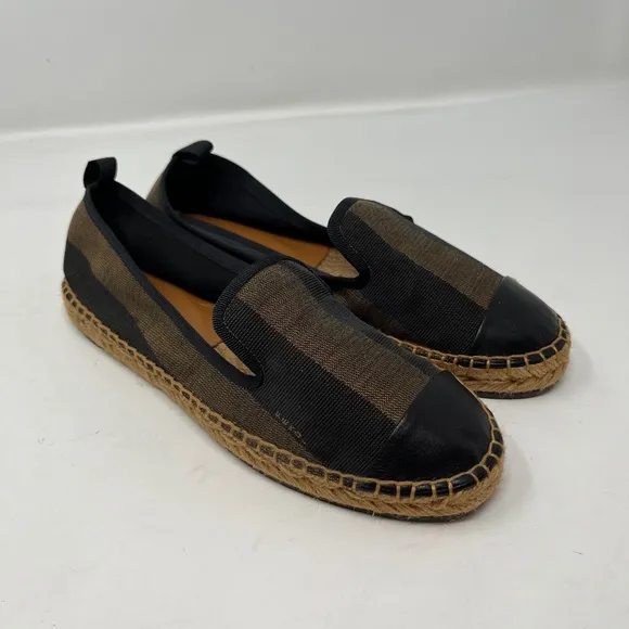 Fendi Pequin Canvas Striped Espadrilles Shoes Black Brown