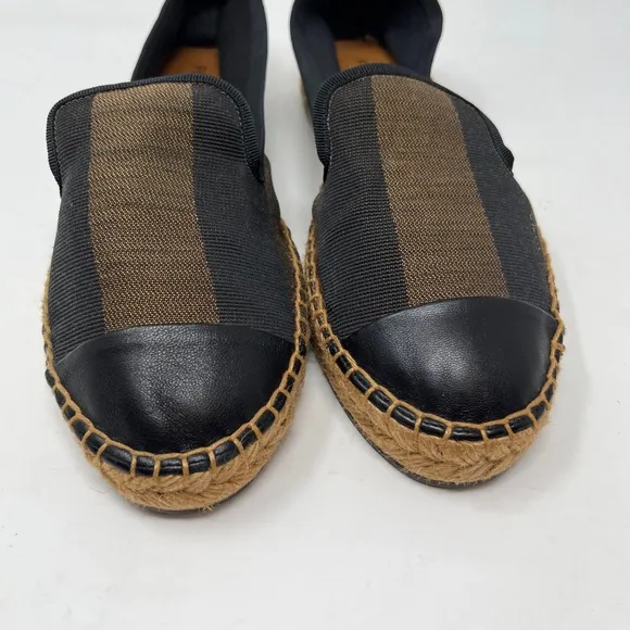 Fendi Pequin Canvas Striped Espadrilles Shoes Black Brown