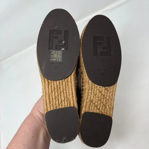 Fendi Pequin Canvas Striped Espadrilles Shoes Black Brown