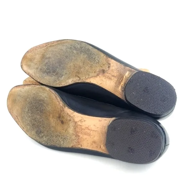 Ferragamo Wide Logo Bow Tie Black Leather Vintage Ballerina Flats Size 10 C