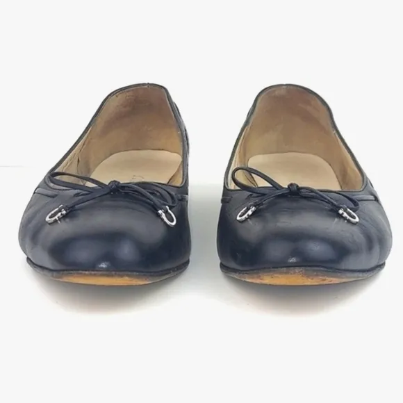 Ferragamo Wide Logo Bow Tie Black Leather Vintage Ballerina Flats Size 10 C