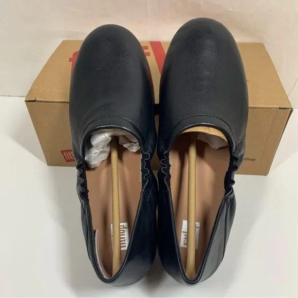 FitFlop Allegro Fold Down Back Ballerina Flats Black Leather Size 7.5 New