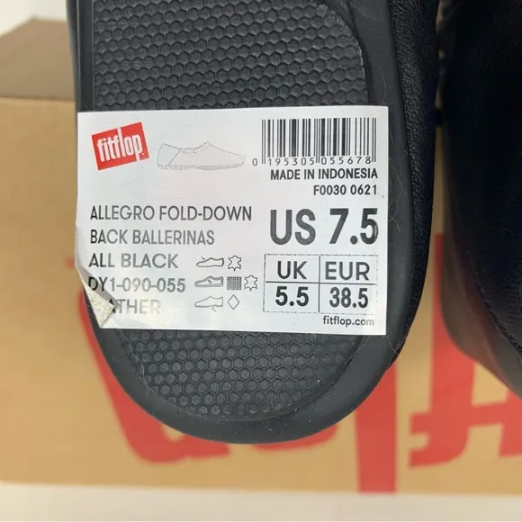 FitFlop Allegro Fold Down Back Ballerina Flats Black Leather Size 7.5 New