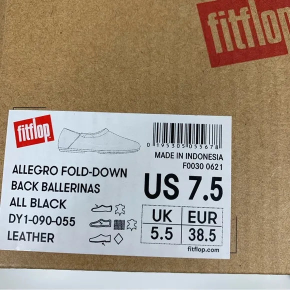 FitFlop Allegro Fold Down Back Ballerina Flats Black Leather Size 7.5 New