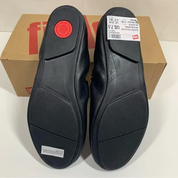 FitFlop Allegro Fold Down Back Ballerina Flats Black Leather Size 7.5 New