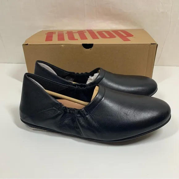 FitFlop Allegro Fold Down Back Ballerina Flats Black Leather Size 7.5 New