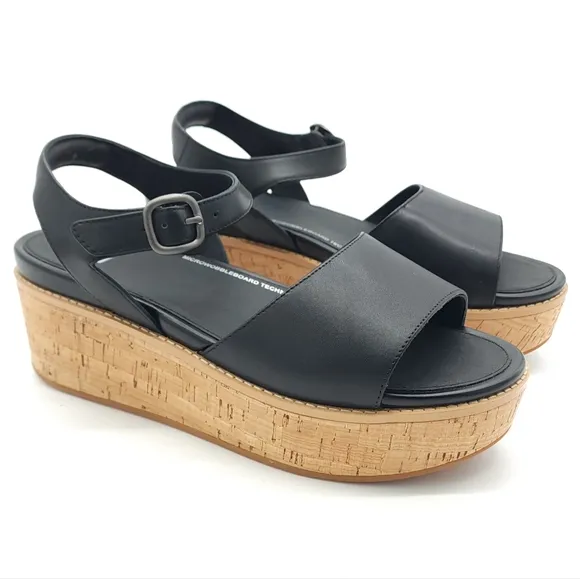 FitFlop Eloise Wedge Sandals Women's Black Leather Cork-Wrap Back-Strap Size 10