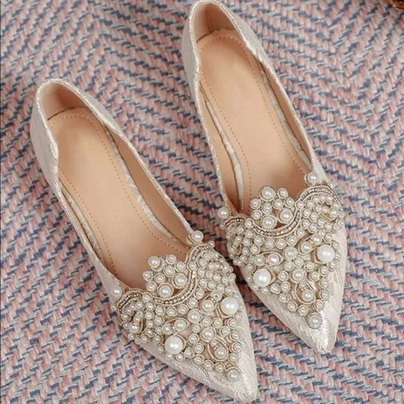 Flats Pearl ballet shoes pointy toe womens Lace cream