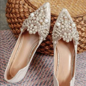 Flats Pearl ballet shoes pointy toe womens Lace cream
