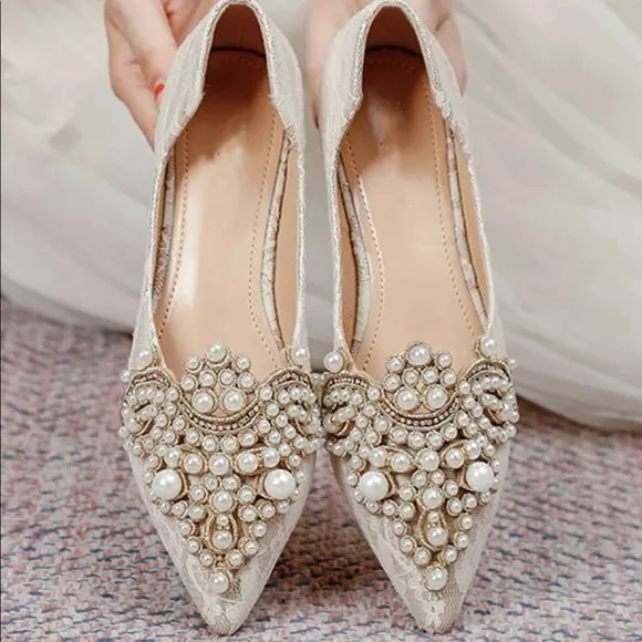 Flats Pearl ballet shoes pointy toe womens Lace cream