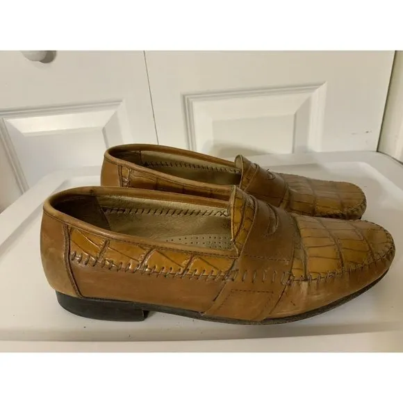 FLORSHEIM BARLETTA, MEN'S SZ 10 EEE BROWN WOVEN LEATHER LOAFERS Croc Pattern‎