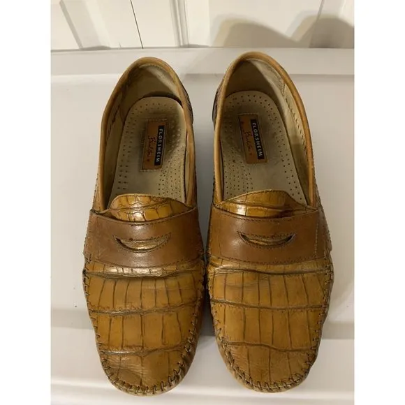 FLORSHEIM BARLETTA, MEN'S SZ 10 EEE BROWN WOVEN LEATHER LOAFERS Croc Pattern‎
