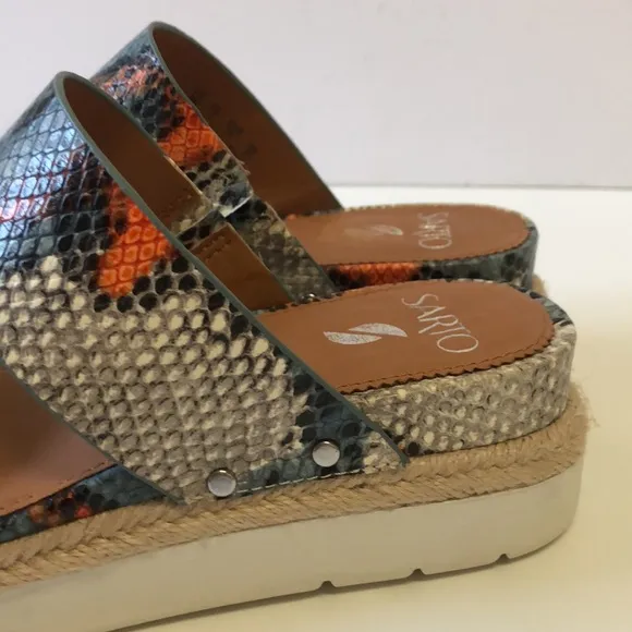 Franco Sarto Cappy snake print leather espadrille double strap sandals.