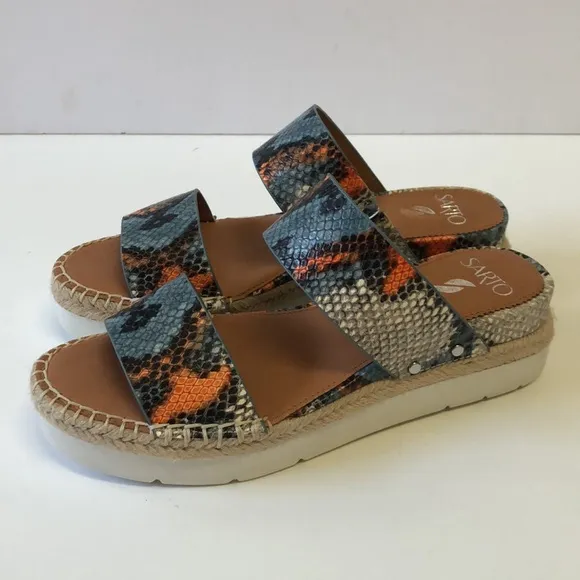Franco Sarto Cappy snake print leather espadrille double strap sandals.