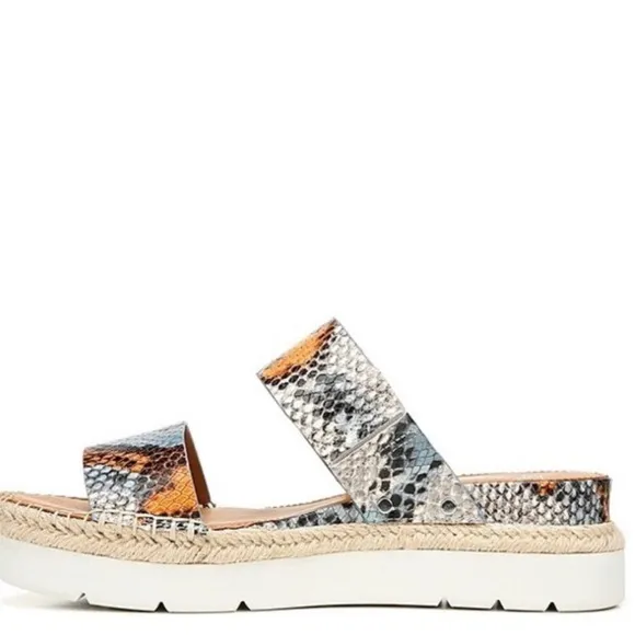 Franco Sarto Cappy snake print leather espadrille double strap sandals.