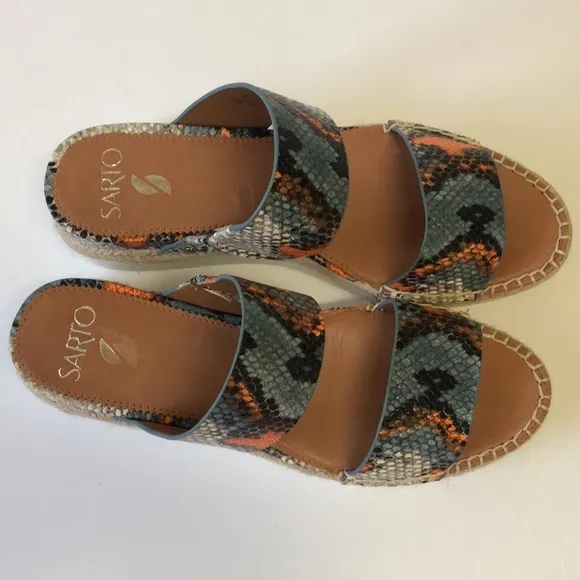 Franco Sarto Cappy snake print leather espadrille double strap sandals.