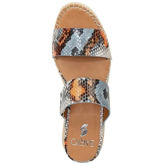 Franco Sarto Cappy snake print leather espadrille double strap sandals.