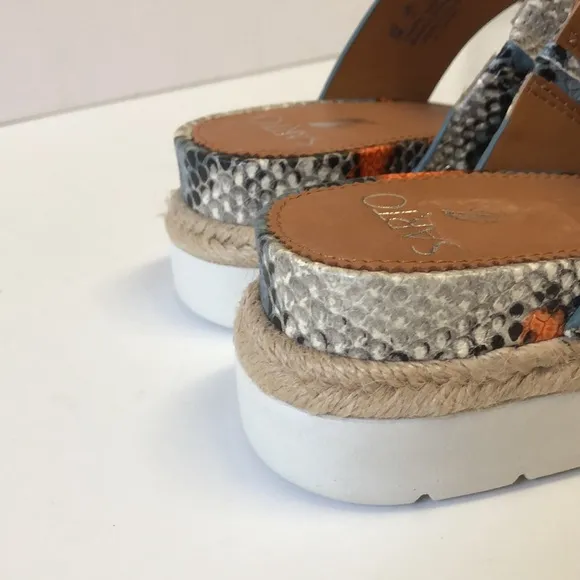 Franco Sarto Cappy snake print leather espadrille double strap sandals.