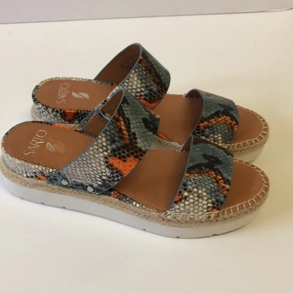 Franco Sarto Cappy snake print leather espadrille double strap sandals.