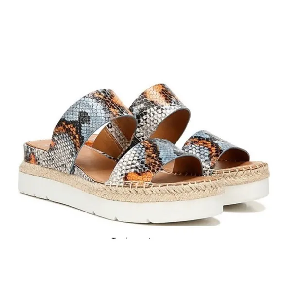 Franco Sarto Cappy snake print leather espadrille double strap sandals.