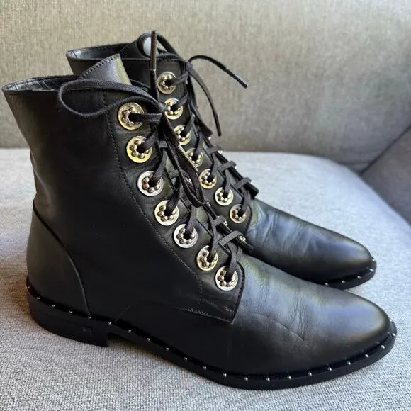 Freda Salvador Ralf Boots Combat Silver Hardware Black Leather Sz 8.5