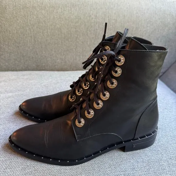 Freda Salvador Ralf Boots Combat Silver Hardware Black Leather Sz 8.5