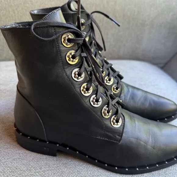 Freda Salvador Ralf Boots Combat Silver Hardware Black Leather Sz 8.5